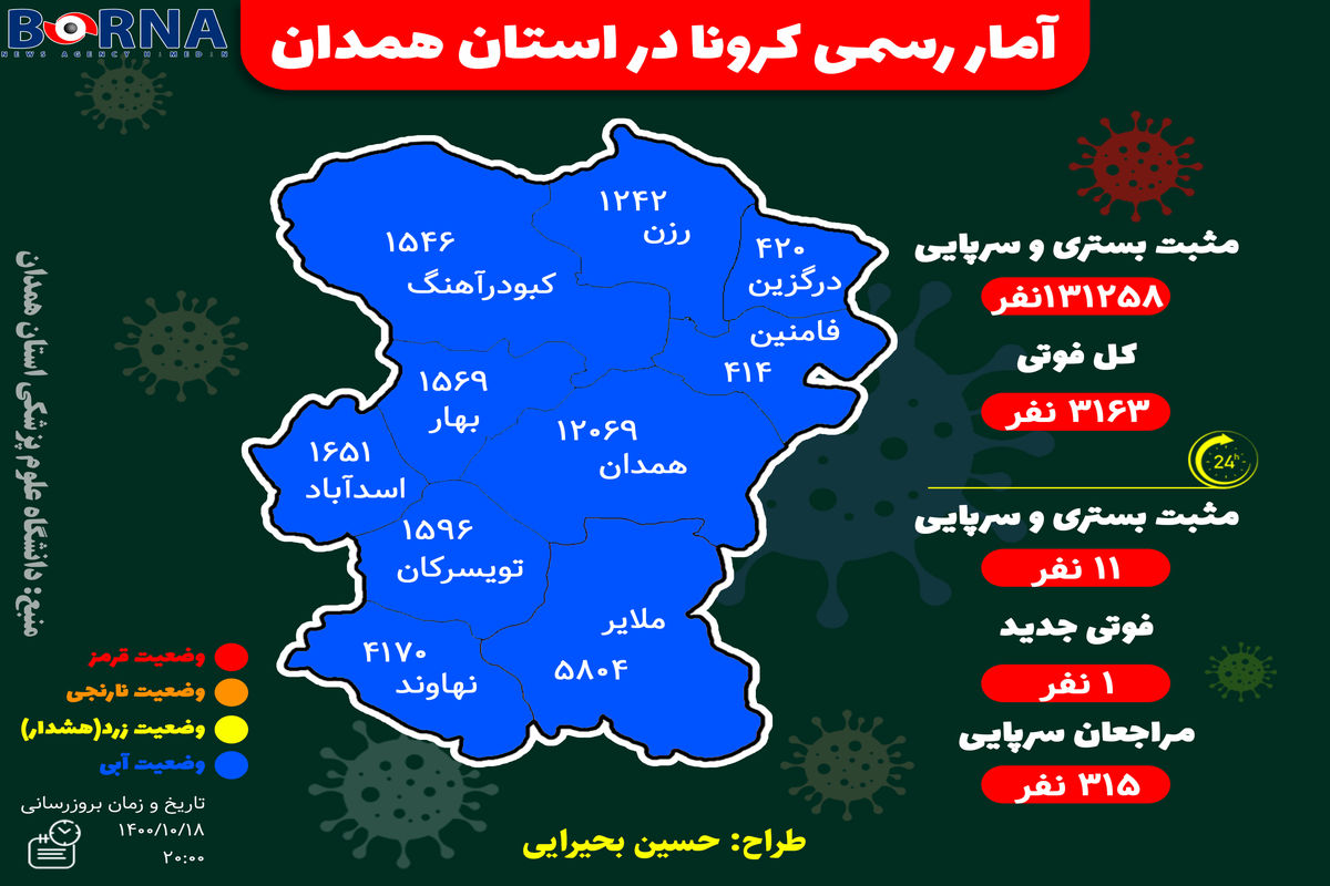 اینفوگرافیک | آخرین و جدیدترین آمار کرونایی استان همدان تا ۱۸ دیماه ۱۴۰۰