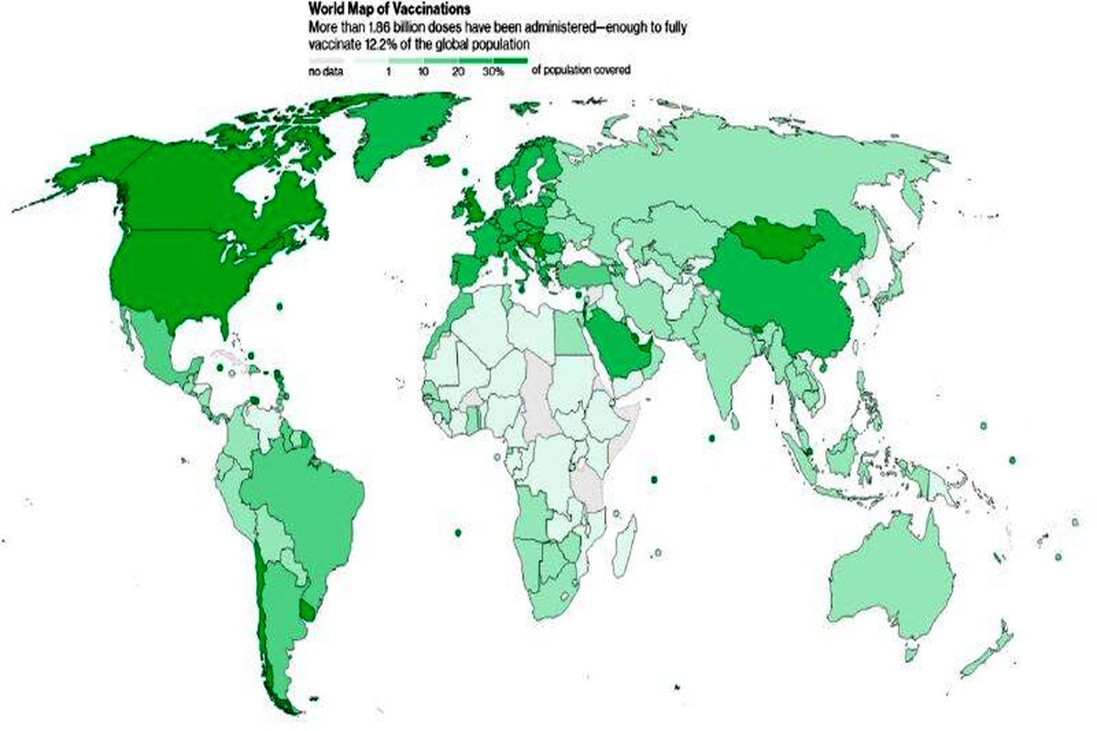 نقشه واکسیناسیون کرونا در جهان/ تزریق ۱.۸ میلیارد واکسن تاکنون