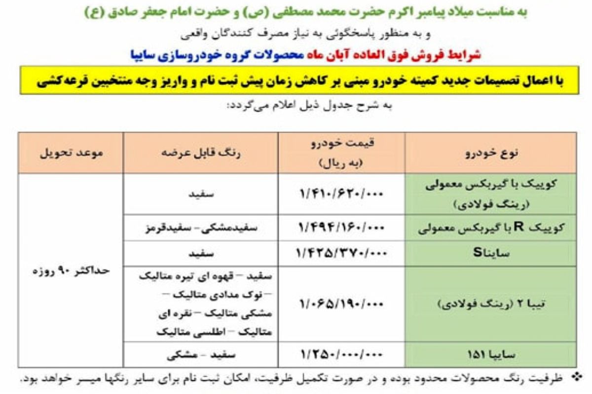 جزئیات طرح فروش فوق العاده سایپا به مناسبت میلاد حضرت رسول اکرم (ص) اعلام شد