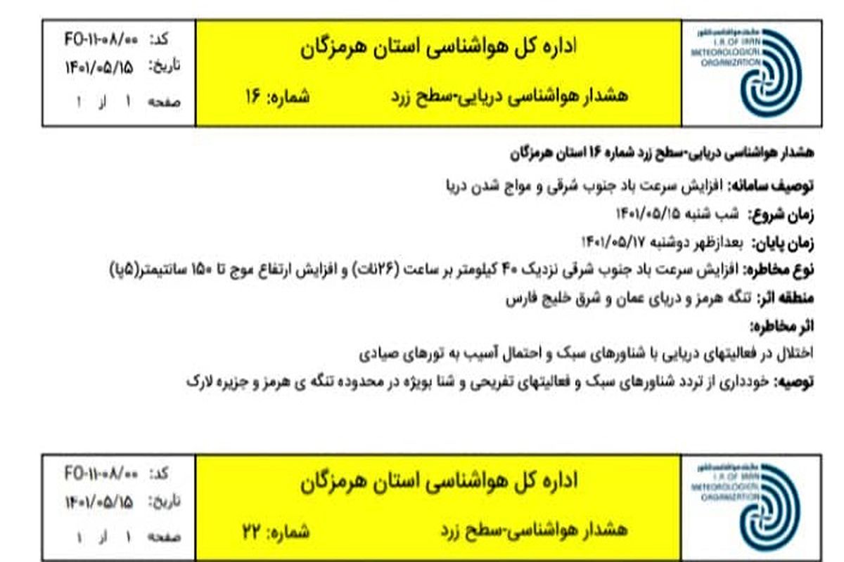 صدور هشدار سطح زرد جوی و دریایی در هرمزگان