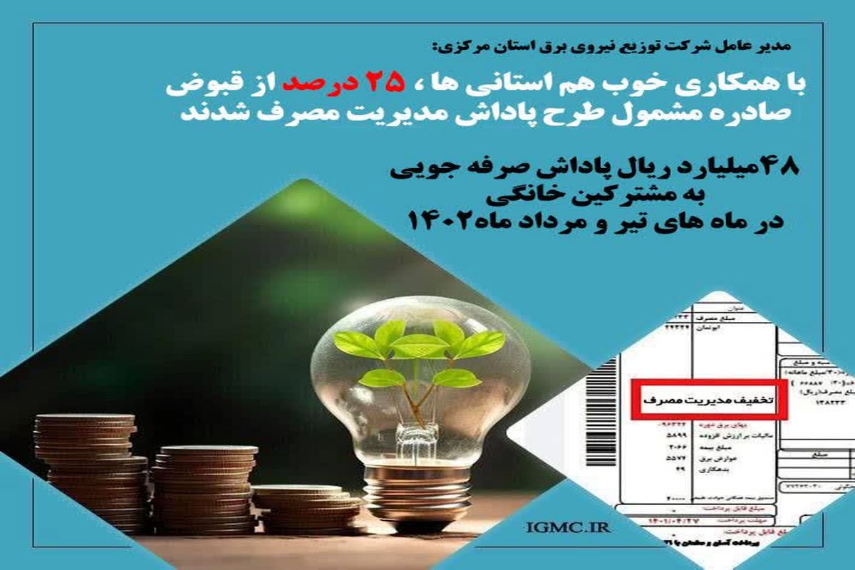 ۲۵ درصد مشترکان برق خانگی استان مرکزی پاداش دریافت کردند