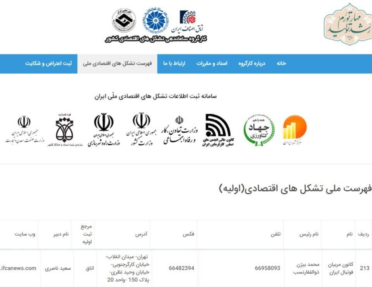 ثبت کانون مربیان فوتبال ایران در سامانه تشکل‌های اقتصادی ملی ایران